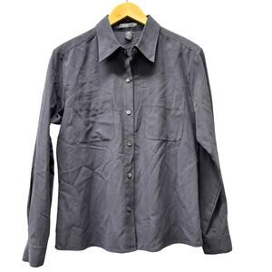 Harolds Blouse Womens 10 Silk Cotton Navy Blue Button Up Long Sleeve Coastal